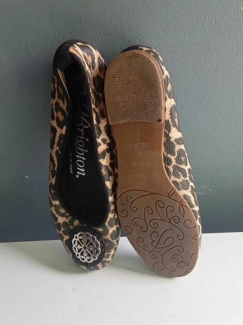 Brighton Aleta Leopard Print Leather Ballet Flats Silver Filigree Medallion 7.5M